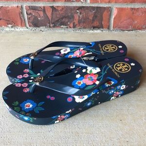 Tory Burch wedge floral flip flops Navy